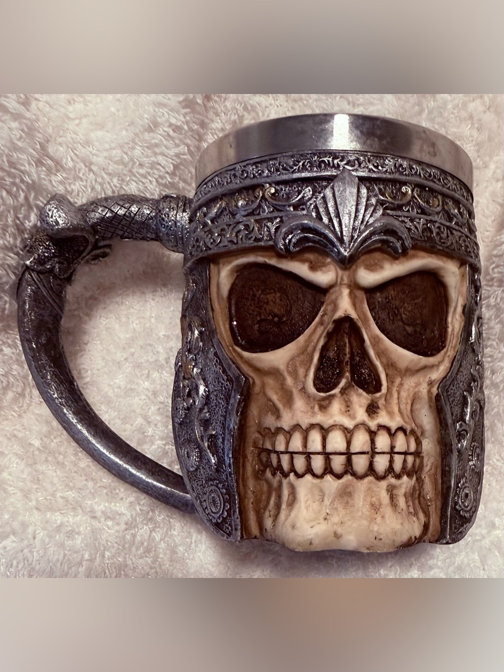 Skull Helmet Ceramic Beer Mug - Antique Ivory and Gunmetal Finish